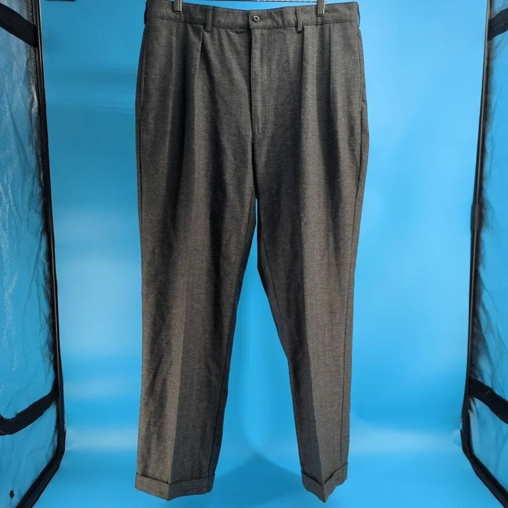 VTG Polo Ralph Lauren Gray Herringbone Pleated Cotton Wool Trousers Mens 38x34